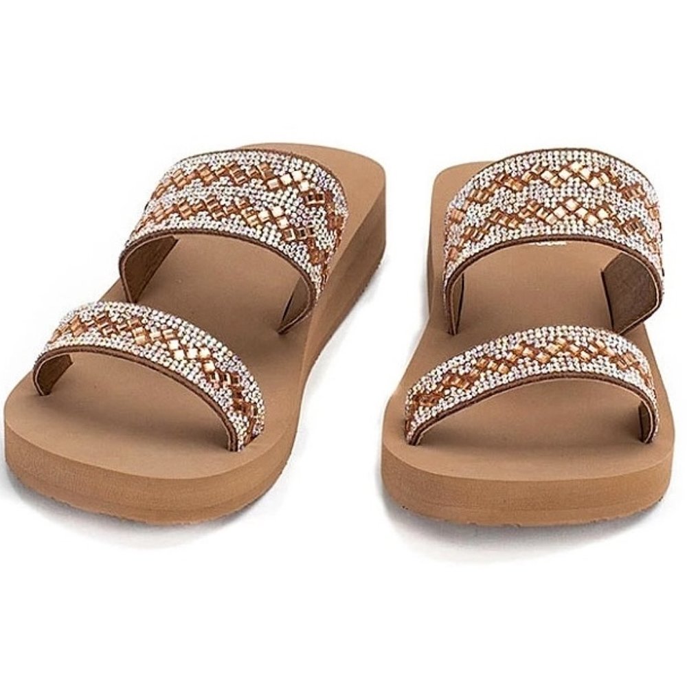 Womens Yellow Box® Jairon Toast Rose Gold Crystal Wedges Flip-Flop Sandals Suede